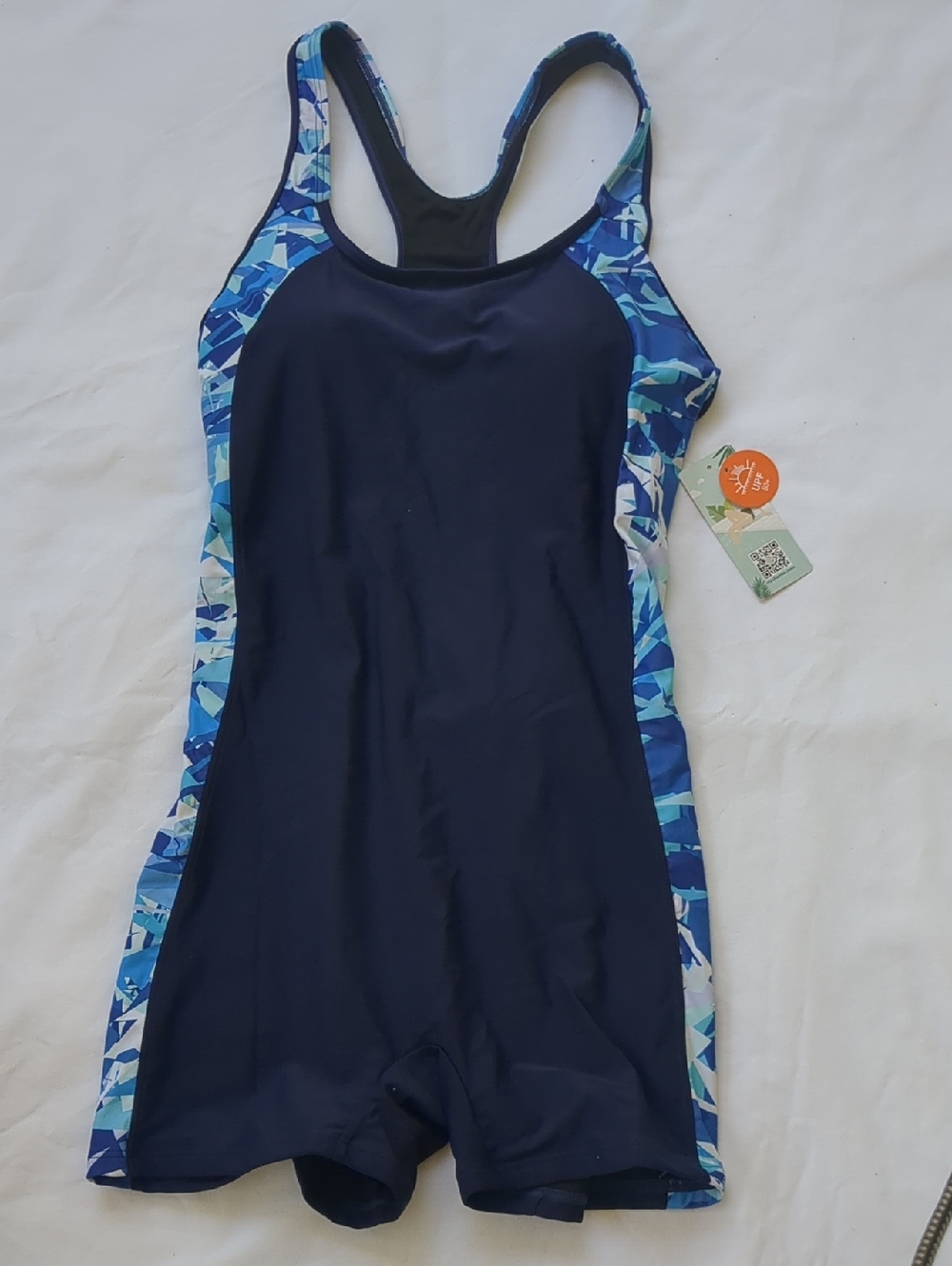 Navy Blue Racerback One-Piece Swim Suit with Blue Print Panels